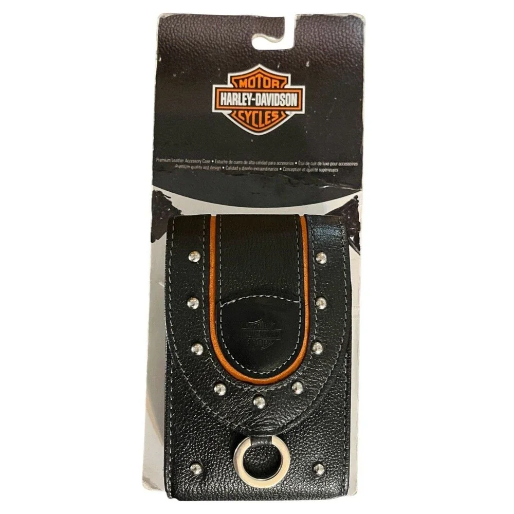 Harley Davidson Leather Belt Pouch Case Studded Black Orange NOS Wrist Strap